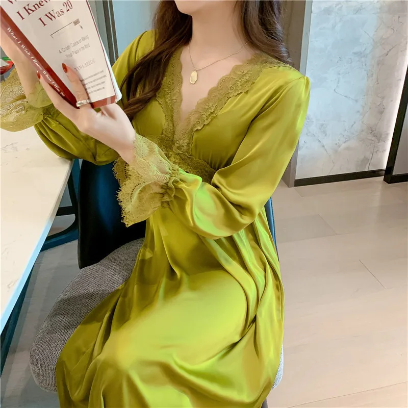 Deep V-Neck Nightgown Sexy Women Satin Sleepwear Palace Nightdress Lingerie Female Kimono Dressing Gown Princess Style Nightwear