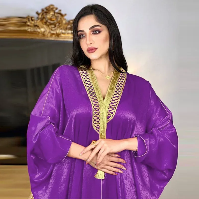 2025 Vestido Ropa De Mujer Envio Gratis Eid Abayas Women Ramadan Satin Dress Muslim Fashion American Clothing Bat Sleeve Robe