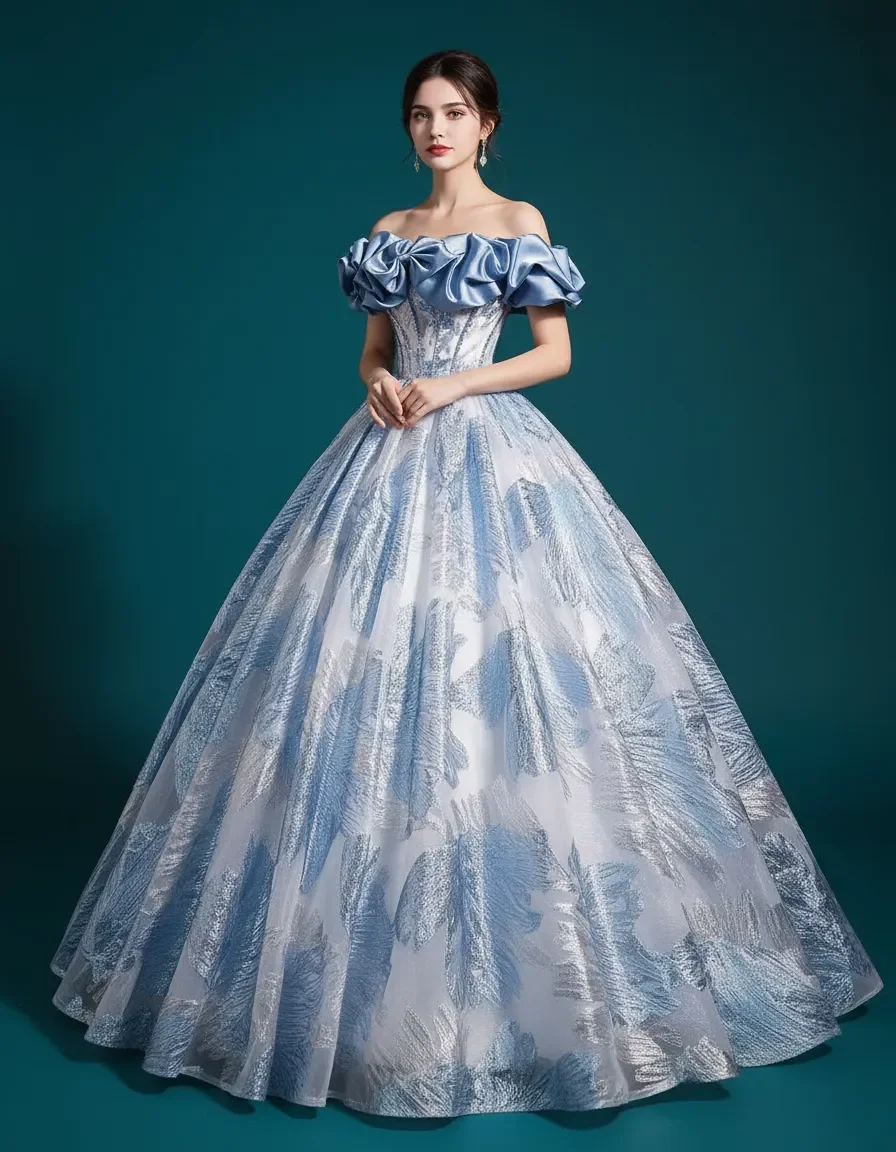 Fairy Ice Blue Off Shoulder Satin Ruffle Ball Gown with Jacquard & Corset Back for Quinceanera, Wedding, Graduation