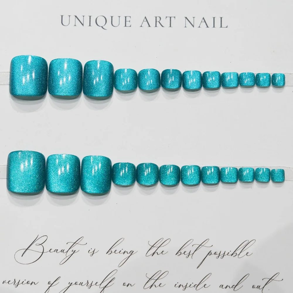 ファッションキャッツアイフェイクネイルショート丈スクエアヘッド付け爪ウェアラブルマニキュアフルカバーフットネイルチップガール