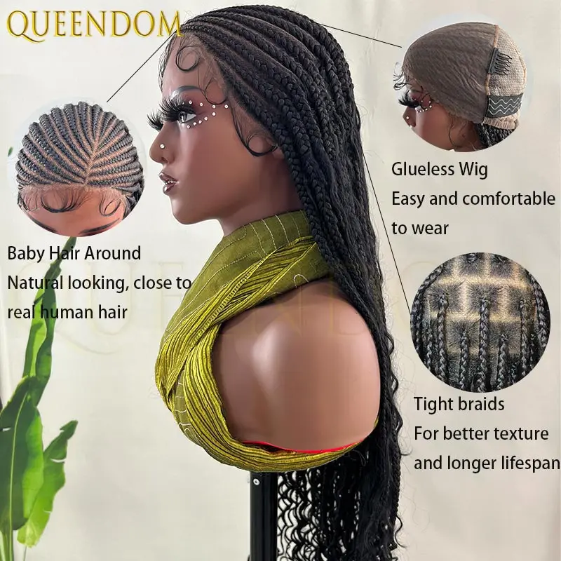 36 pouces sans colle perruque partie latérale pleine dentelle avant africaine bohème sans noeud boîte dentelle tresse perruques pour tenue de femme et aller perruques tressées