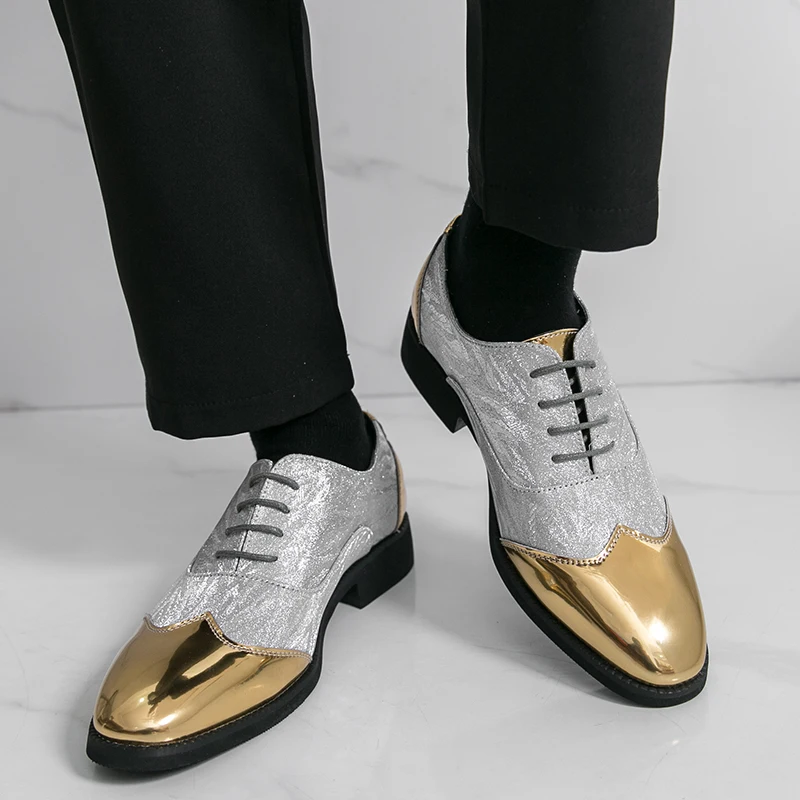 Designer Mens Shoes Gold Silver Snakeskin Patent Leather Shoes Fashion Casual Business Shoe Lace Up Brogues Shoes Zapatos Hombre