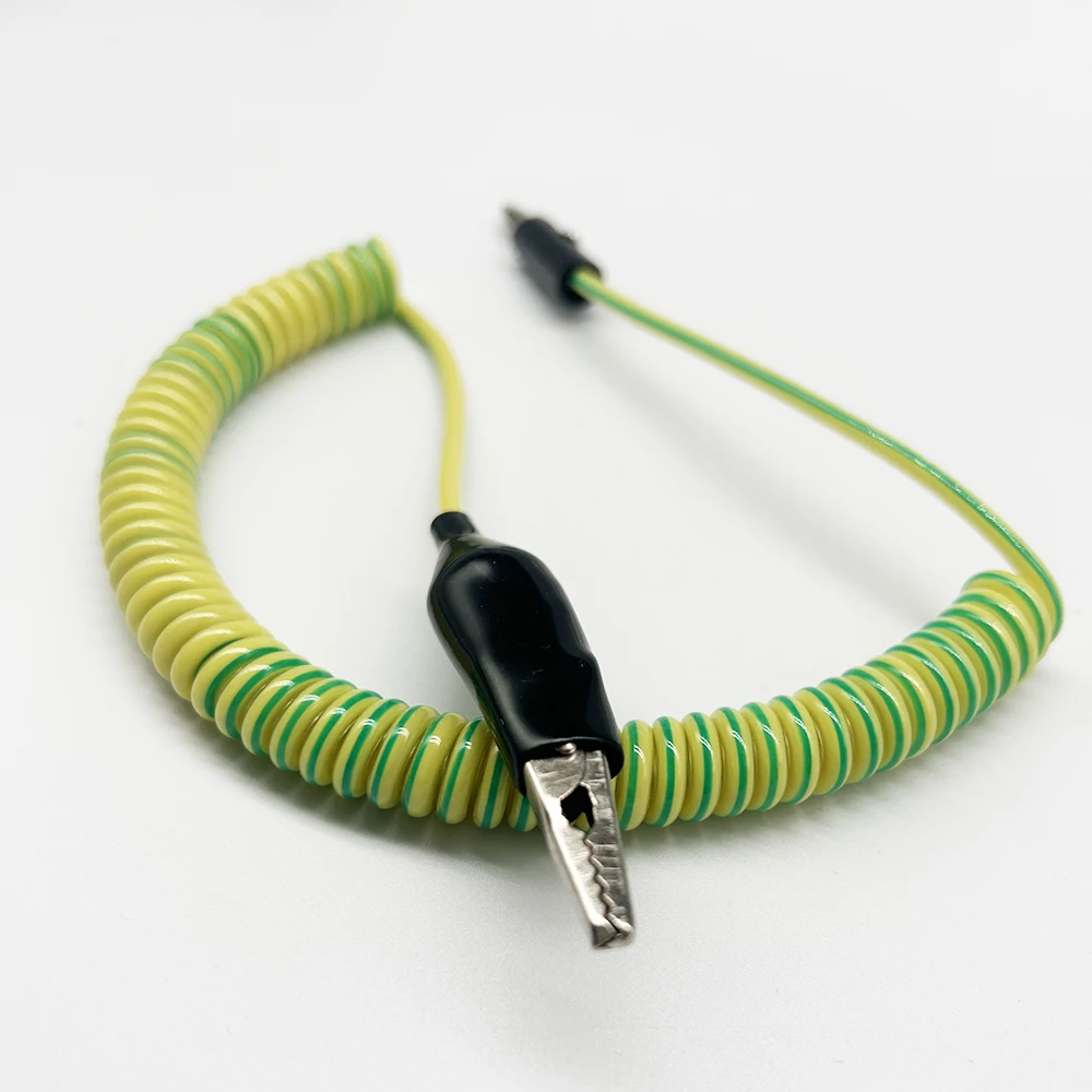 Yellow Green Ground Wire Electricl Retractable Cine Spiral Cable Curve Slingshot Line With Connector Clip Banana Head