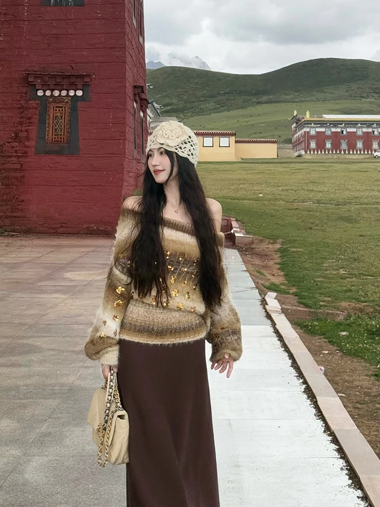 

adient Heavy Embroidery Knitted Sweater Women's Autumn Winter Outerwear oulder Bared High End Feeling Loose Fit Long Sve