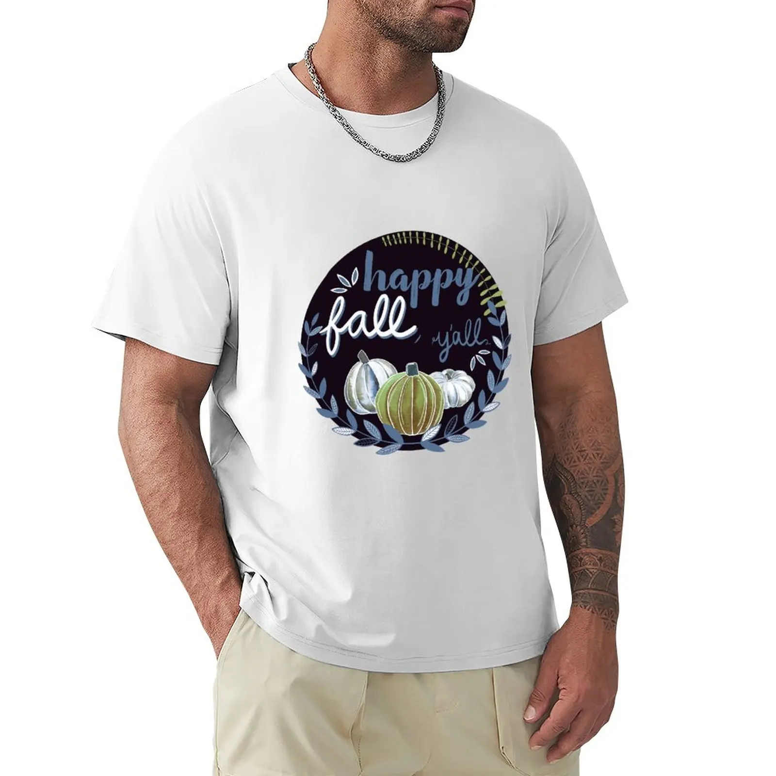 Happy Fall, Y’all - Gray Blue, Olive Green & Cream - Transparent T-Shirt aesthetic clothes graphics Men's cotton t-shirt