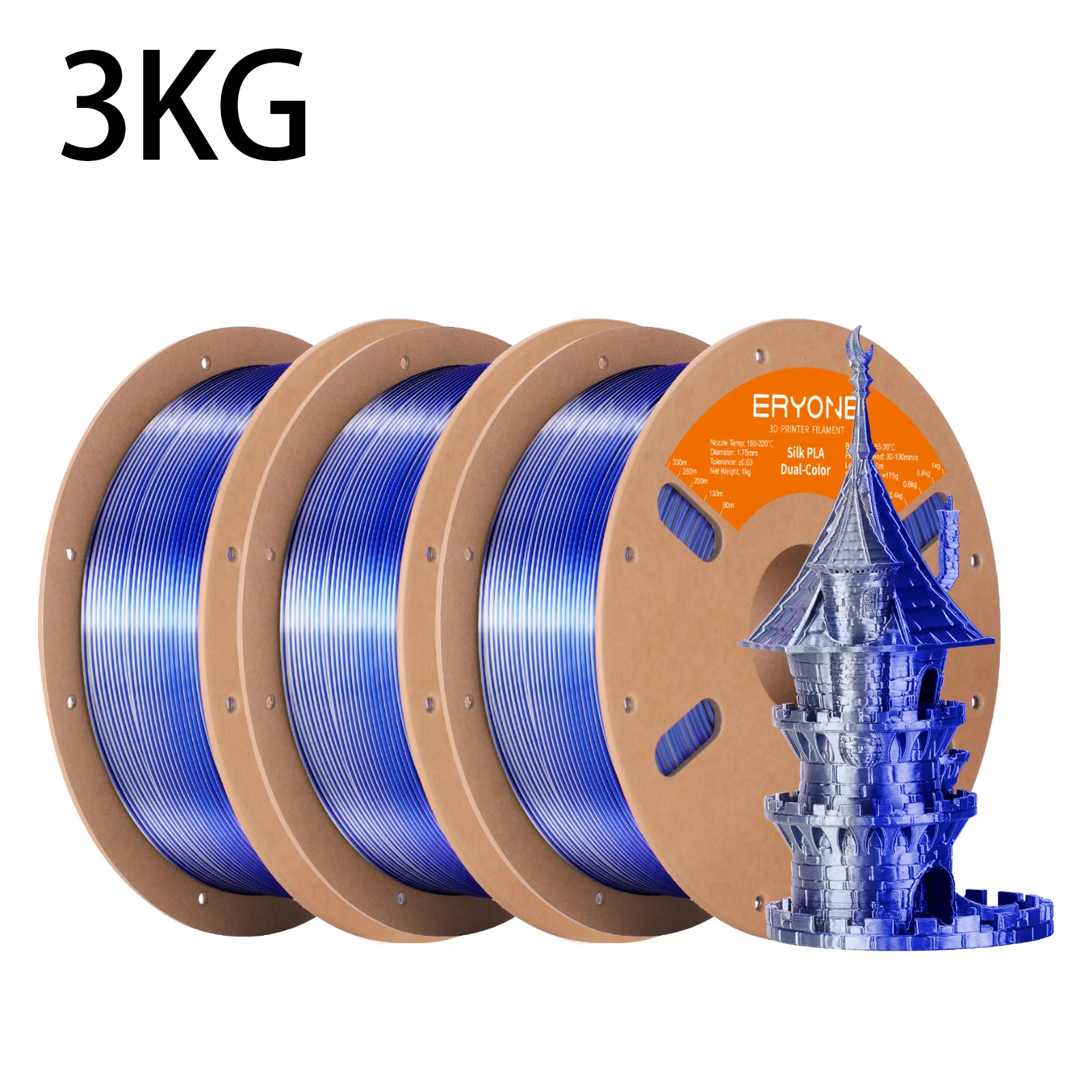 ERYONE 3KG PLA Dual Color Silk PLA Filament Compatibel met FDM 3D-printers 1KG 1,75 mm ±0,03 mm Perfecte spoelwikkeling 1kg spoel