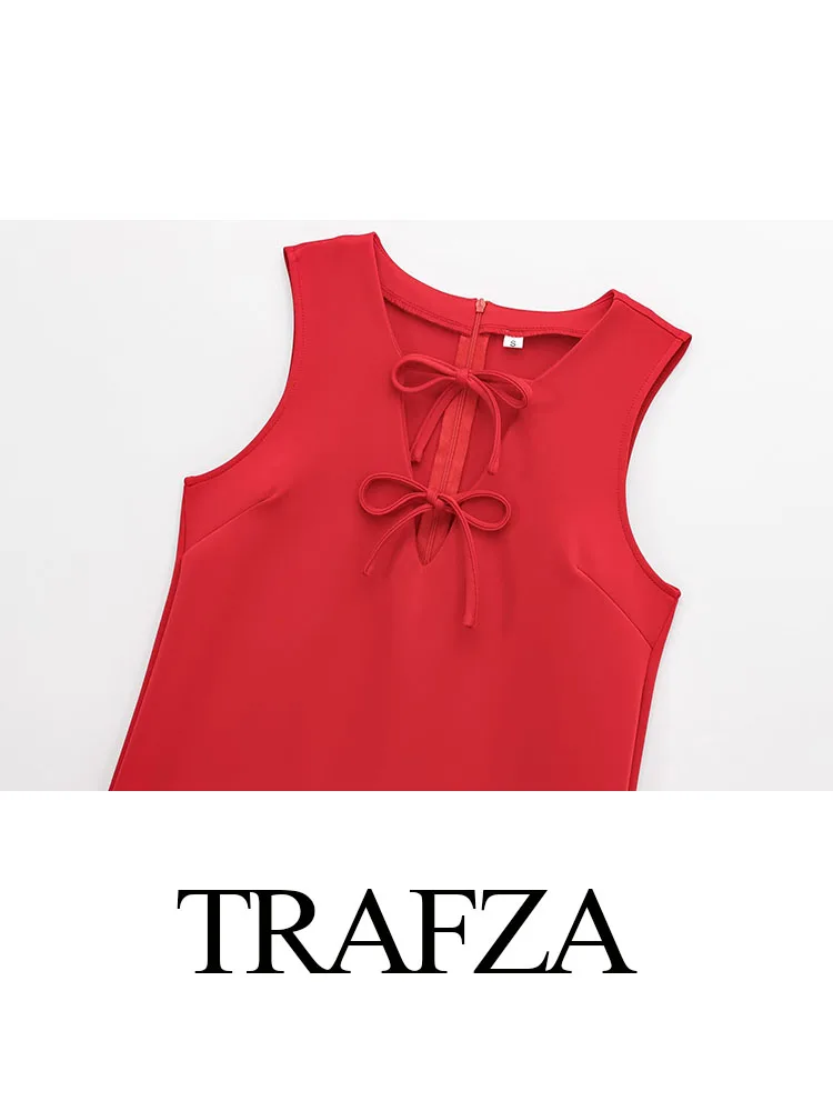 فستان نسائي أنيق بسيط من TRAFZA مزين بفيونكة وسحاب فستان نسائي مثير أنيق برقبة على شكل حرف v بدون أكمام بلونين