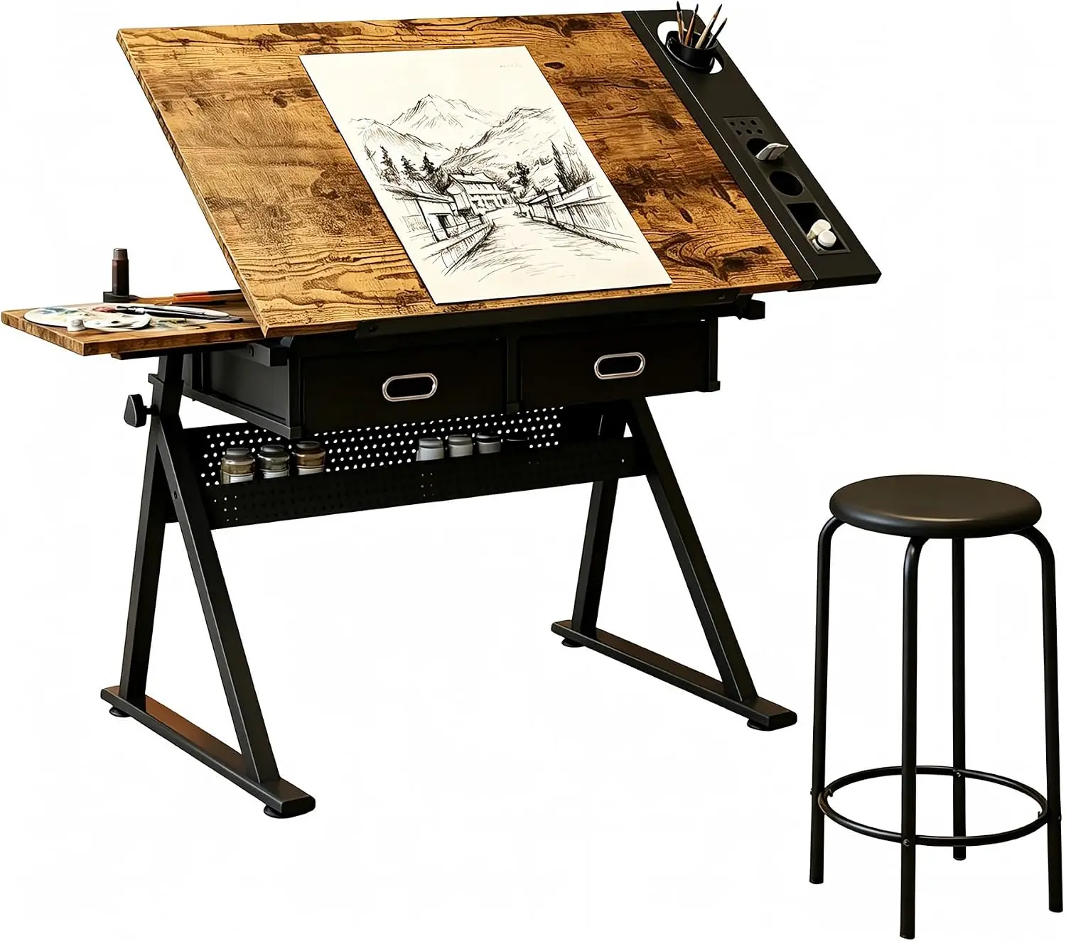 Adjustable Drafting Table Art Desk With Matching Stool, Tilting Drawing Craft Workstation With Storage Drawers For Home Office Studio, Modern Artist Furniture, Wood Color, Two Piece Set