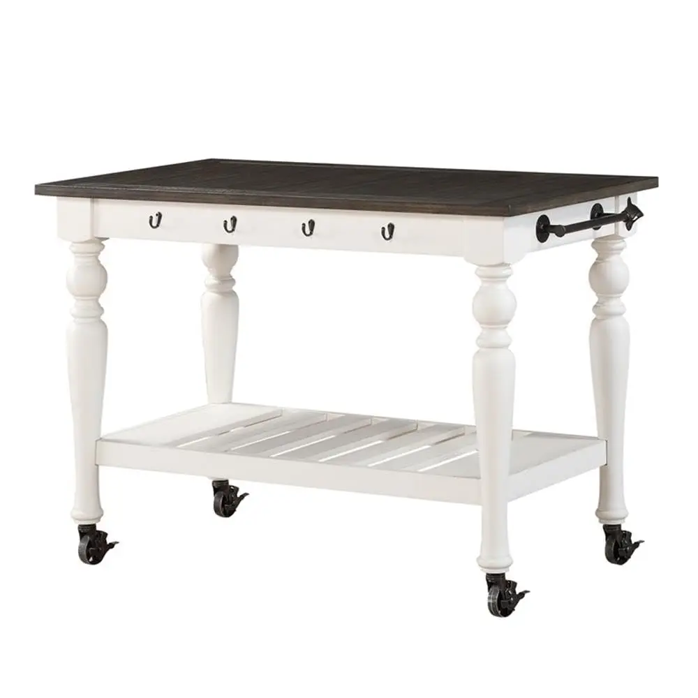 Ivory & Dark Oak Kitchen Cart with Casters, Shelf, Rods & Hooks, 36.5