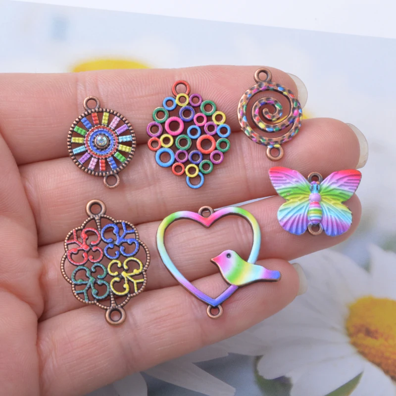 12 Stück Sommer-Legierungs-Vogel-Blumen-Verbindungsstück-Set, zwei Löcher, Herzanhänger, Schmuckzubehör, Boho-Anhänger, DIY-Halsketten- und Ohrring-Set für Damen – Detail 6