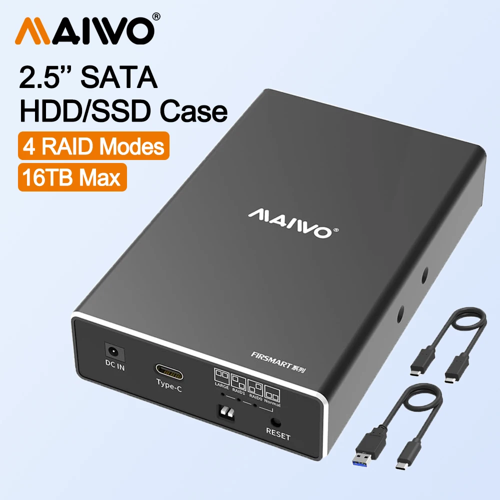 

MAIWO Hard Drive Enclosure Dual Bay for 2.5'' SATA SSD/HDD Support 4 RAID Modes Gen2 10Gbps with 16TB Capacity Aluminum HDD Case