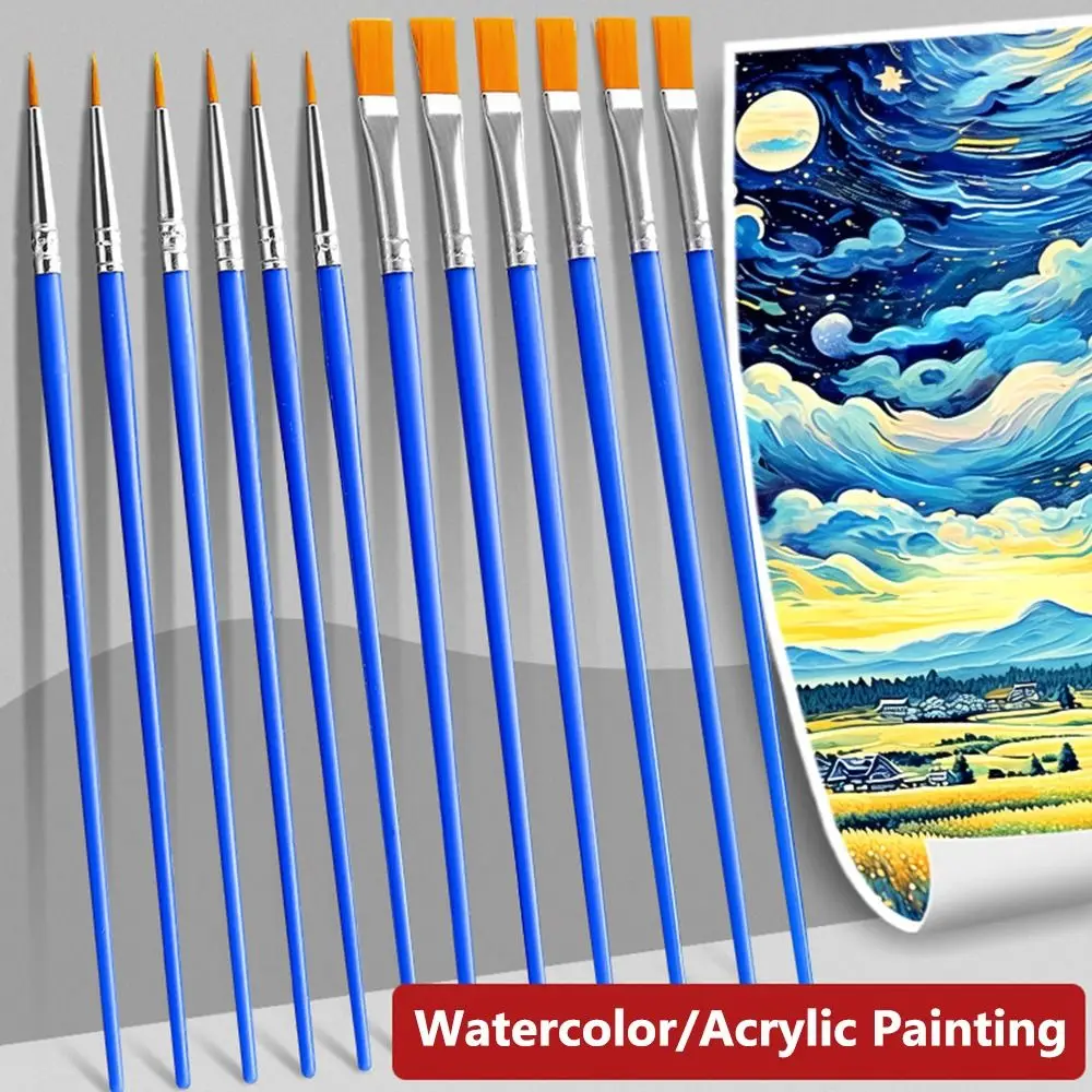 10/50PCS Flat Head/Pointed Head Oil Painting Brush Nylon Hair Art Painting Supplies Painting Watercolor Brush Long Rod Set