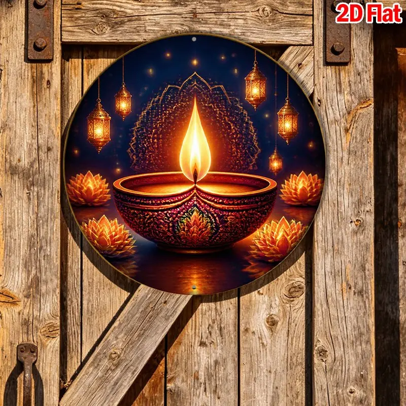 CIFBUY Retro Happy Diwali Lotus Mandala Diya Aluminum Wall Art Waterproof Wearproof Home Yard Room Decor Gift