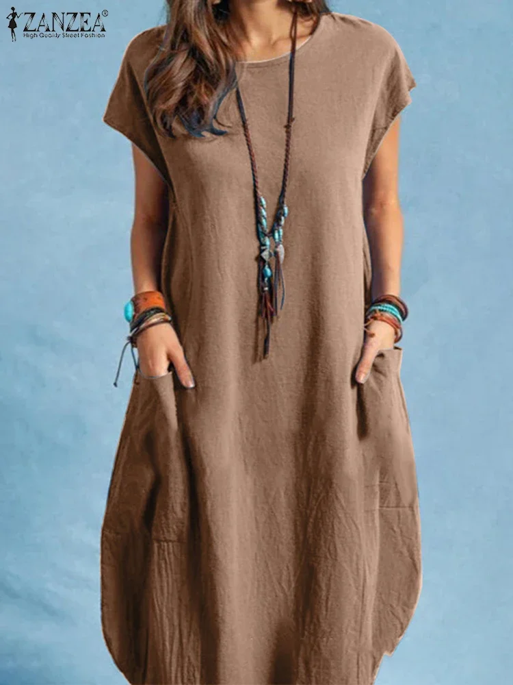 2025ZANZEA Mode Sommer Sommerkleid Frauen Solide Lose Kleid Kurzarm Kaftan Knie-länge Robe Casual Baumwolle Arbeit Vestidos
