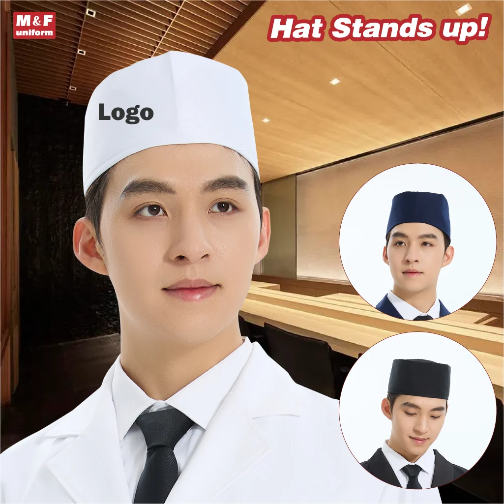chapeu-de-chef-japones-branco-ou-preto-cores-personalizaveis-logotipo-bordado-adequado-para-restaurantes-japoneses-respiravel-e-rigido