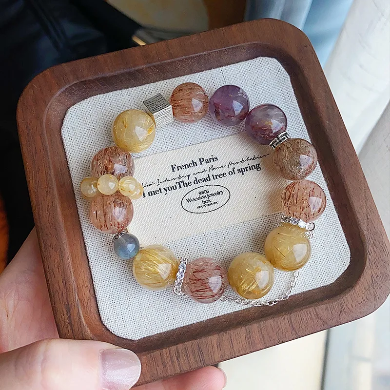

Natural Yellow Rutilated Quartz Bracelet, Black Gold Super Grade, Wealth Luck, High-end Women's Crystal Jewelry, Large Beads