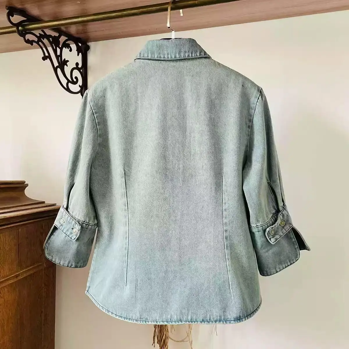 

Hong Kong Sle Water Waed Light Blue Denim irt Women's Layered Seven Sve Pure Cotton Versatile Collar Blouse
