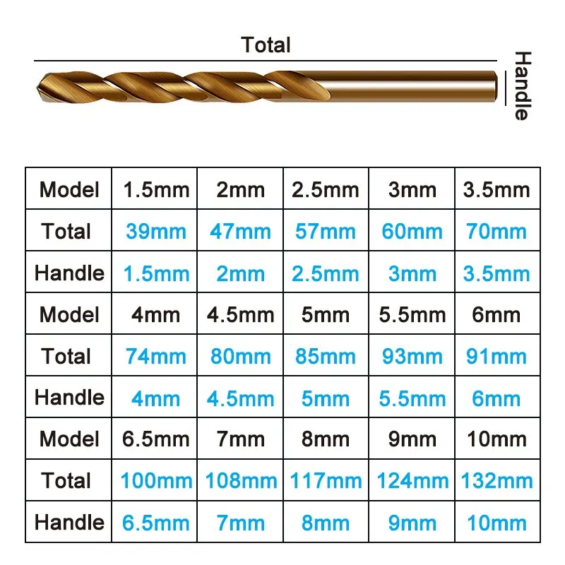 15pc M35 kobalt obsahovat pečený žlutý přímo stopka kroutit drill1.5-10mm vysoký rychlost ocel plný broušení díra otevření nářadí sada