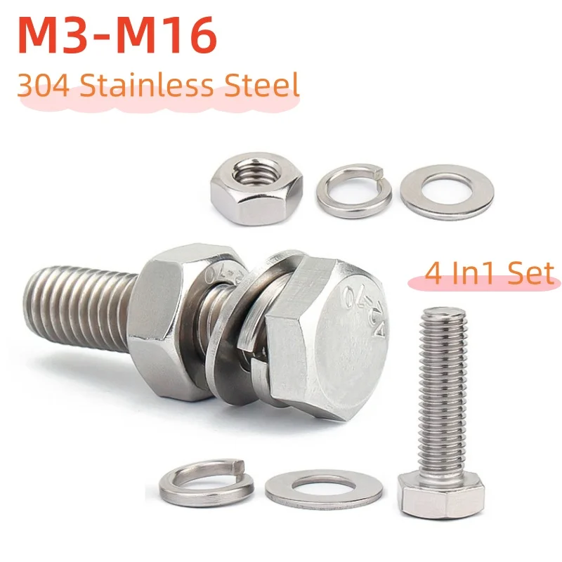 M3 M4 M5 M6 M8 M10 M12 M14 M16 304 Stainless Steel Hexagon Screw Nut Flat Washer Spring Washer Gasket Combination 4 In1 Set