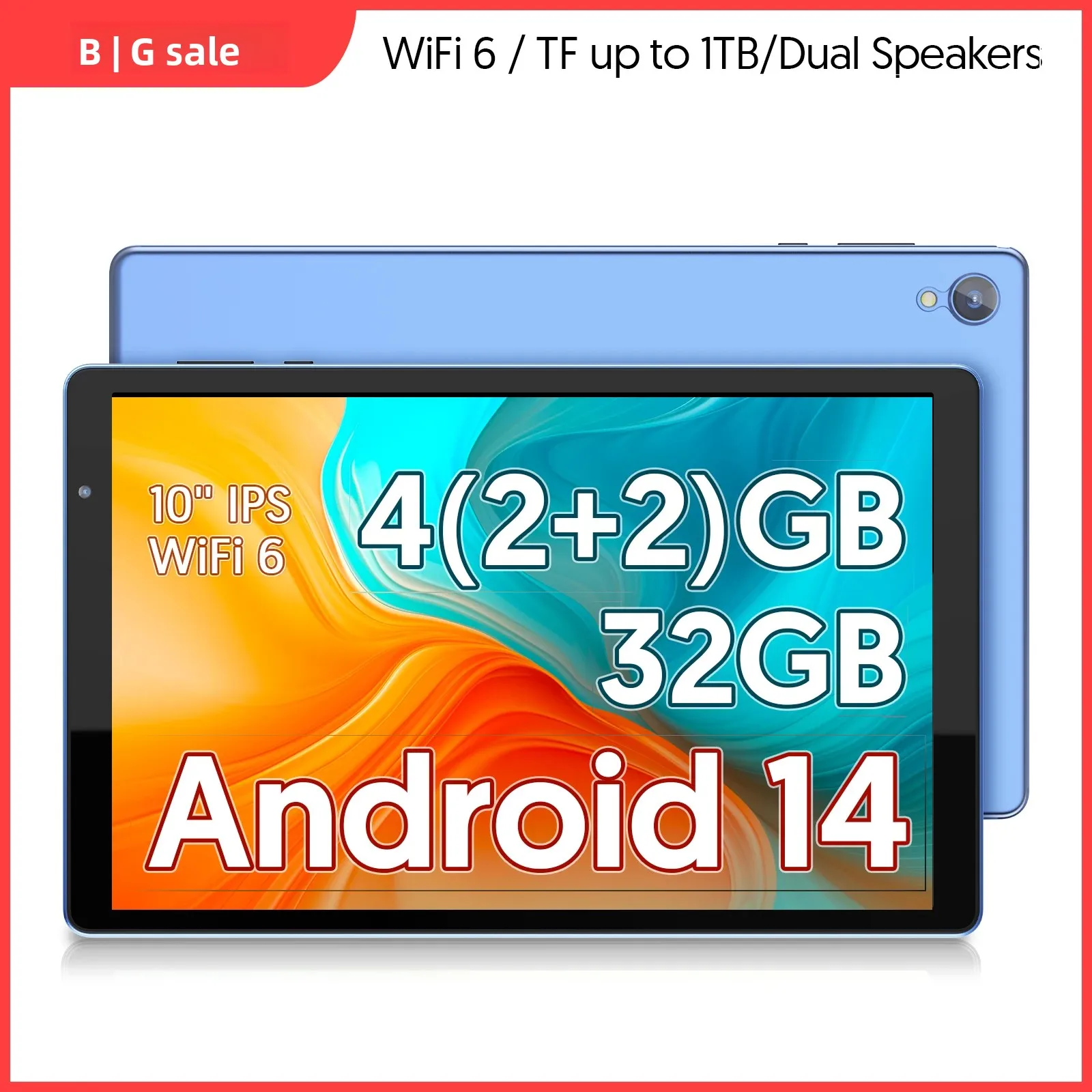 แท็บเล็ตขนาด 10.1 นิ้วรุ่นล่าสุด, ซีพียูแบบควอดคอร์, ระบบปฏิบัติการ Android 14, พื้นที่เก็บข้อมูล 32GB, รองรับการขยายหน่วยความจำด้วยการ์ด SD สูงสุด 512GB, รองรับ WiFi, เชื่อมต่อไร้สาย, กล้องคู่, รองรับ GMS