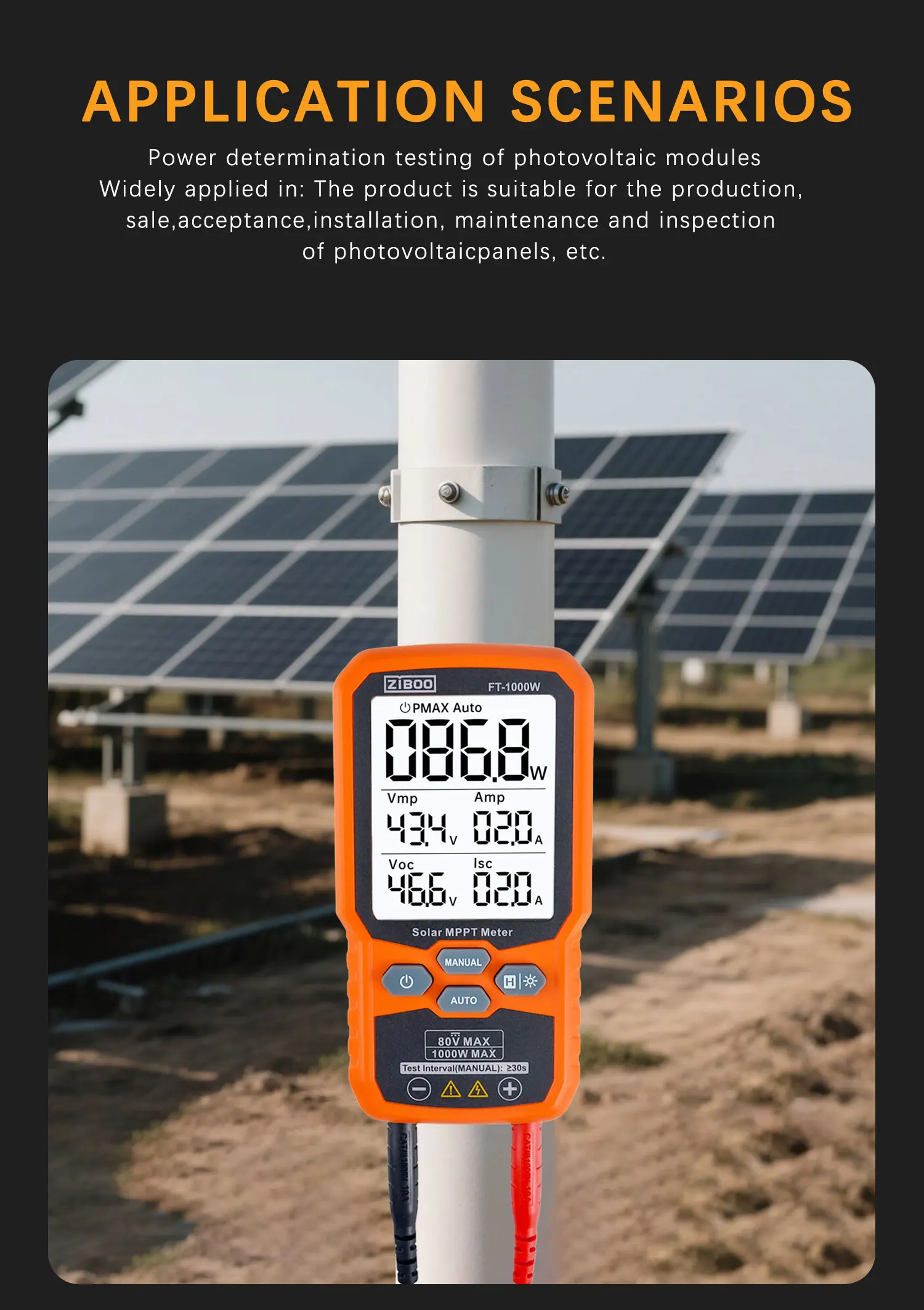 ZIBOO Solar MPPT Meter Photovoltaik Multimeter, PV Modul FT-1000W MAX Power Tester, Offene Stromversorgung Spannung Kurzschluss Strom – Detail 8