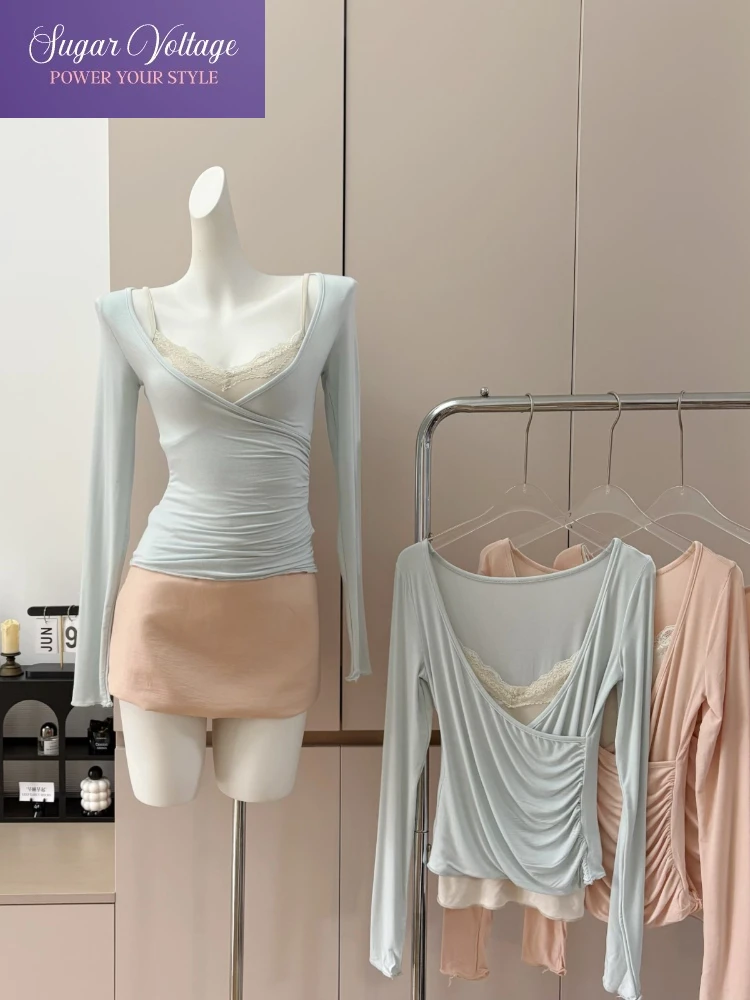 

Корейский модный элегантный комплект из 2 предметов, женские тонкие кружевные плиссированные вязаные топы + прямая трикотажная юбка с высокой талией, французский повседневный однотонный наряд