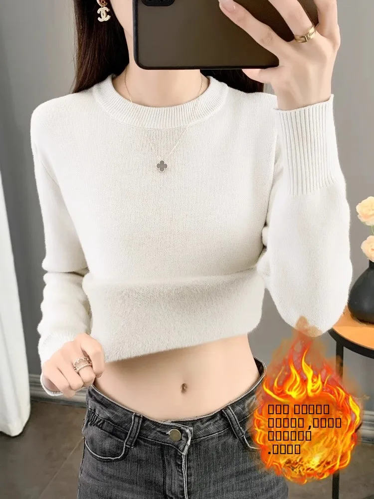 Thiened Fce Damen-Strickpullover rund Ne Warm Slim Fit Inner Wear Base irt Commute Sle Long Sve Regular Thi...