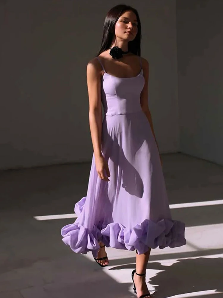 New Summer Sleeveless Patchwork Ruffles Long Dress Women Lavender Spaghetti Strap A Line Ruffles Dress Party Evening Elegant