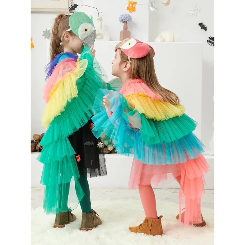 

Girls Parrot Cloak Fancy Dress Animal Costume Halloween Cosplay Birthday Party Clothing Gift Girl Princess Rainbow Cape Cloak