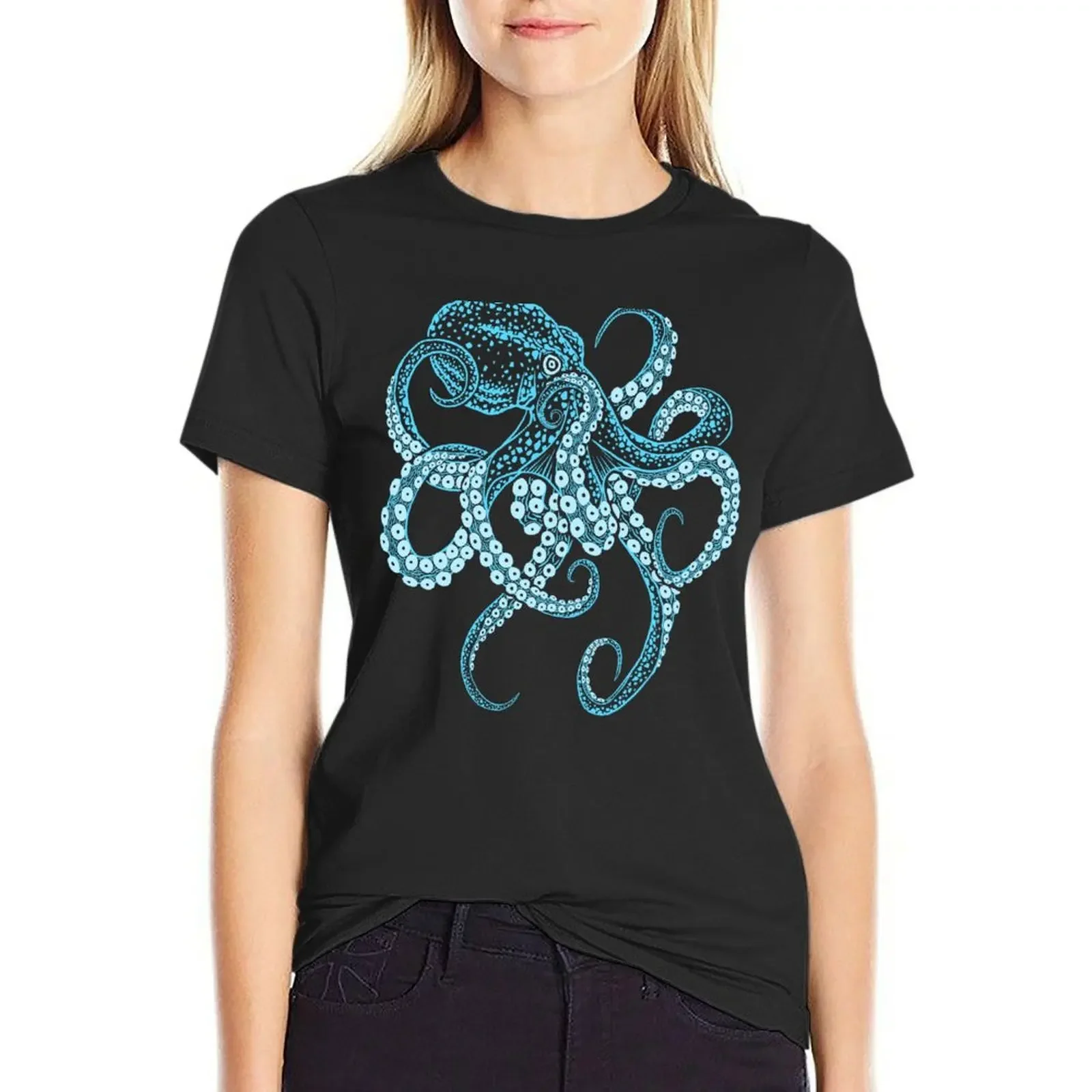 Deep-sea blue kraken octopus in combat stance T-shirt vintage clothes Blouse t shirt dress Women