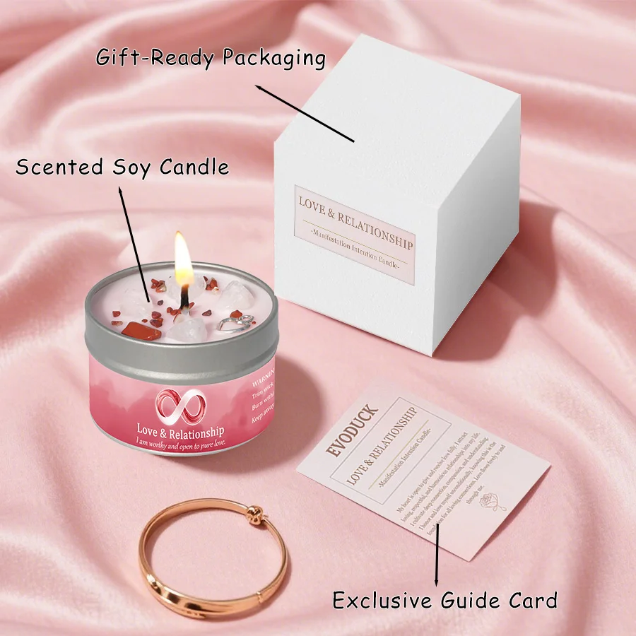Rose Jasmine Scented Candle with Crystals Love Energy Manifestation Meditation Aromatherapy Relaxing Gift for Women Girlfriend