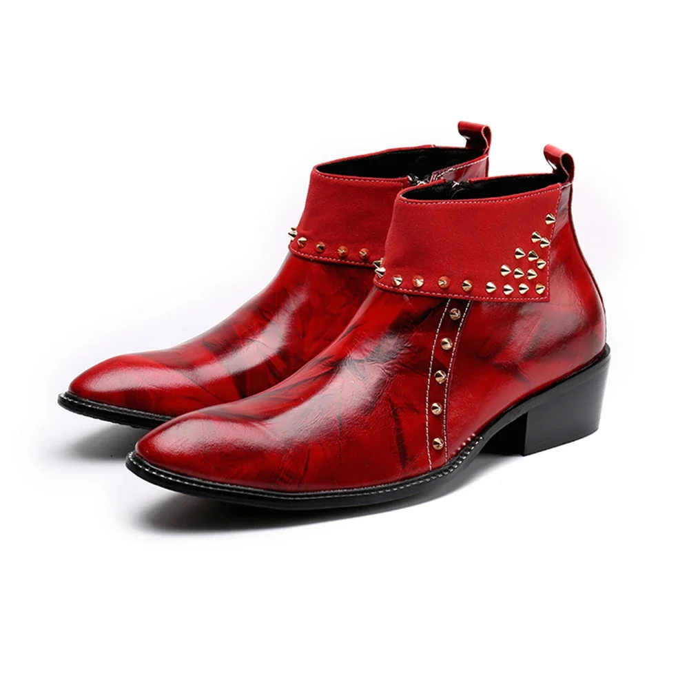 

Red Printing Rivet Zipper Genuine Leather High Heels Pointed Toe Boots Male Plus Size Wedding British Style Fashion Dancer Shoes