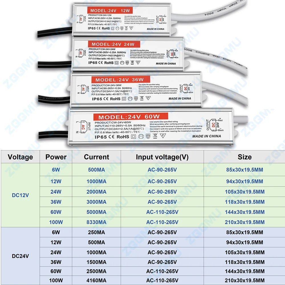DC 12V 24V Switching Power Supply IP65 Outdoor LED Lighting Transformer 6W 24W 36W 60W 100W 12V 24V Constant Voltage LED Driver