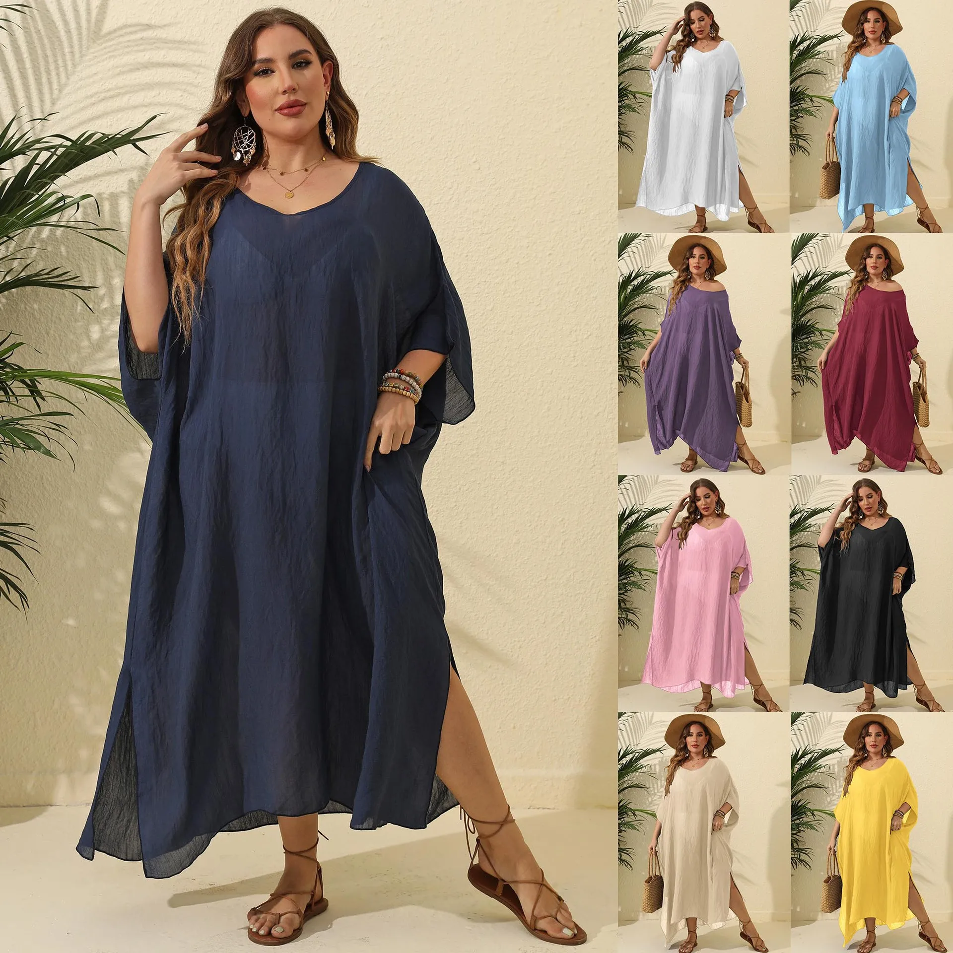 

Плюс пляжная одежда для женщин, летний наряд, однотонные платья макси, модное белое платье с разрезом, купальник большого размера, накидка на пляж, черный цвет