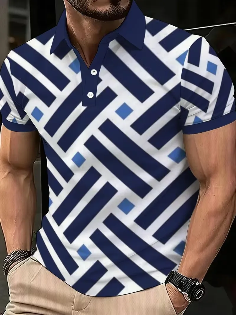 2026 summer new men's short sleeved POIO shirt, with a lapel and button 3D printed geometric shape versatile casual top