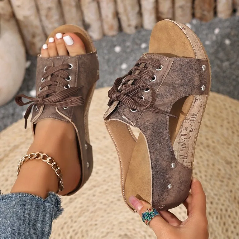 Women's Sandals Wedge Open Toe Mid Heel Slip-On with Lace-Up Front and Cork-Look Platform for Daily Casual Summer Walking Days view 3