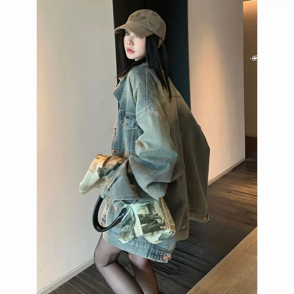 Early Autumn American Retro Washed Old Denim Jacket Women's Medium and Long Loose Spring and Autumn New Jacket Top