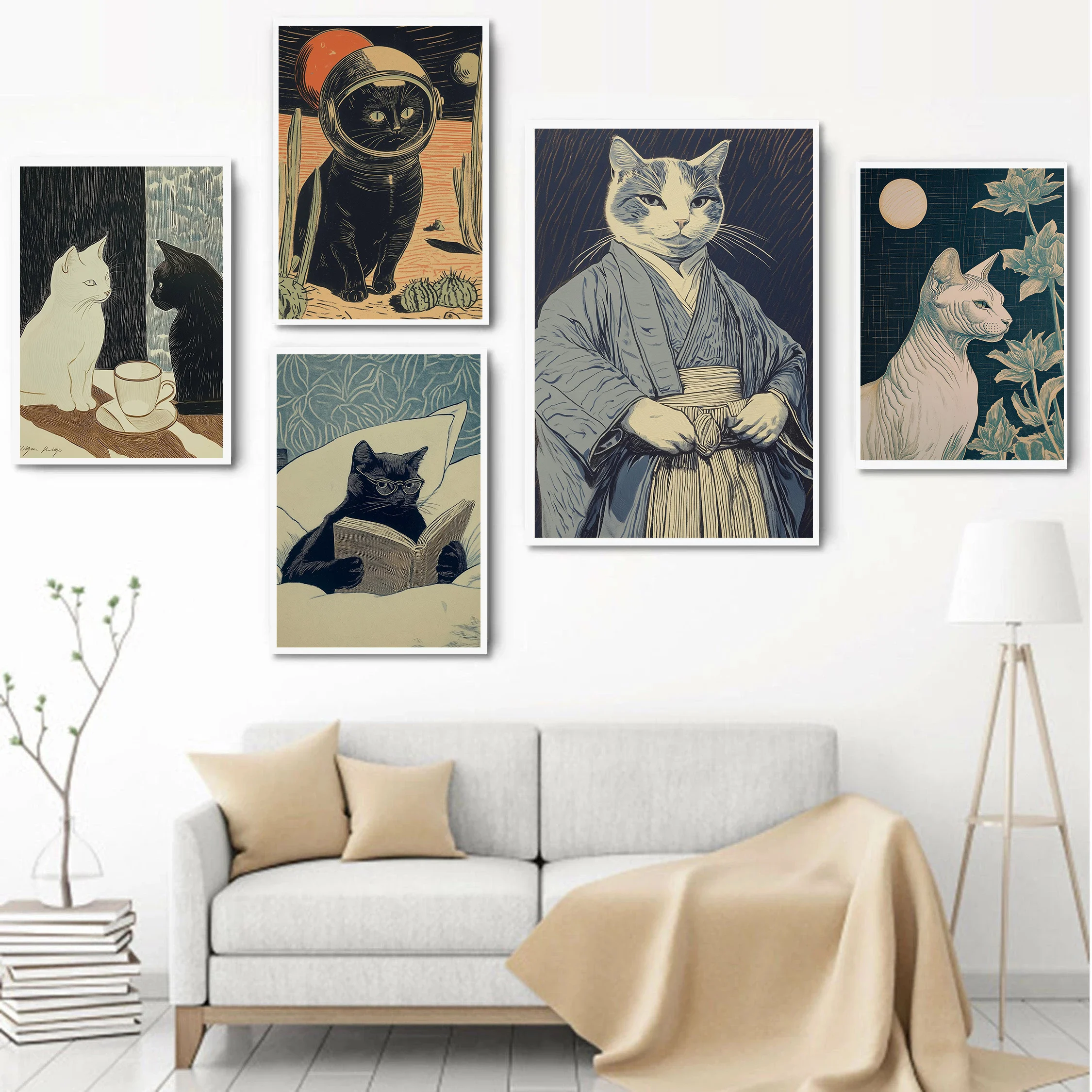 Vintage Sci-Fi Cat Posters Cosmic Cat Couple Coffee Space Modern Prints Canvas Painting Wall Art Pictures Home Living Room Decor