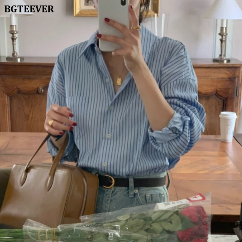 BGTEEVER Vintage Lapel Women Striped Blouses Casual Full Sleeve Single-breasted Shirts Spring Ladies Tops Blusas