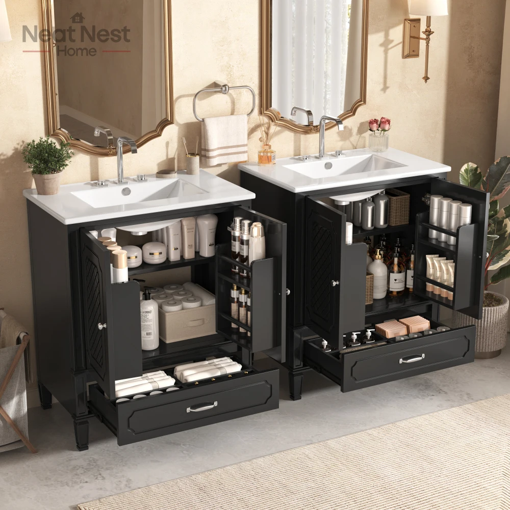 

Mid-Century Modern vanities ,Bathroom Vanity with Double Sink Combo Set for bathroom, 2 Cabinet with Door Organizers, 2 Drawers