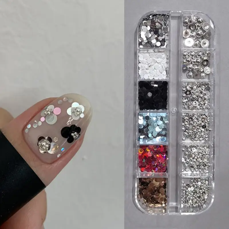 3D Nail Art Sequins Spliced Flower Polka Dot 1 Box 6/12 Grids Shiny Decor for Home DIY Nail Art Creation