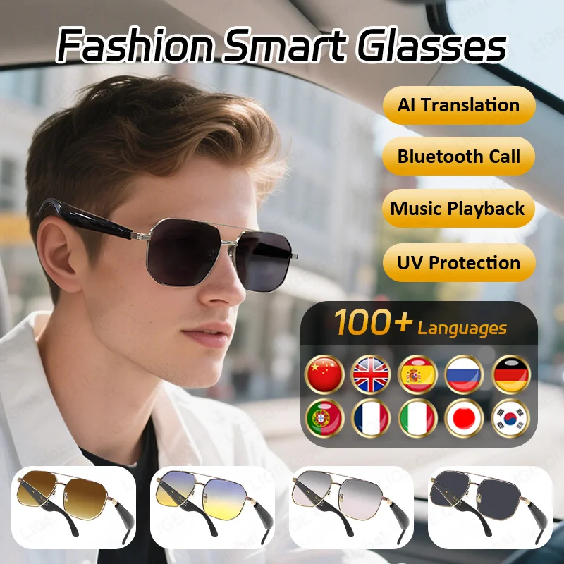 

LIGE New Smart Bluetooth AI Translator Glasses 100+ Languages Translation Music Headset Voice Assistant Wireless Call Sunglasses