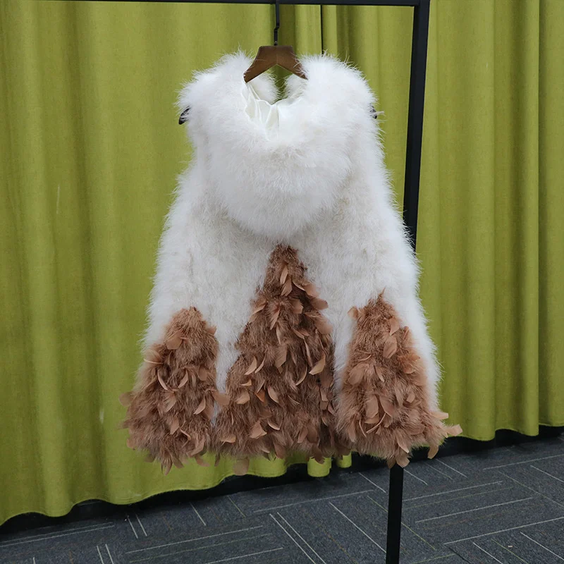 ostrich Autumn winter hair Korean midi fur vests women turkey feather hooded sleeveless fur coat waistcoat female outwear Y3240