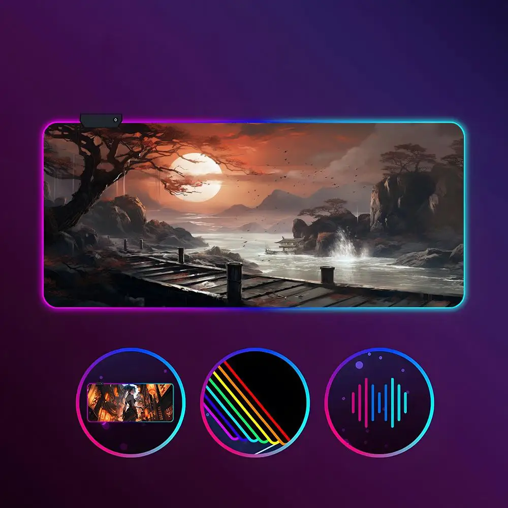 sunset starry sky waterfall Mouse Pad RGB luminous 1000X500mm large table mat non-slip extra large game office mouse pad