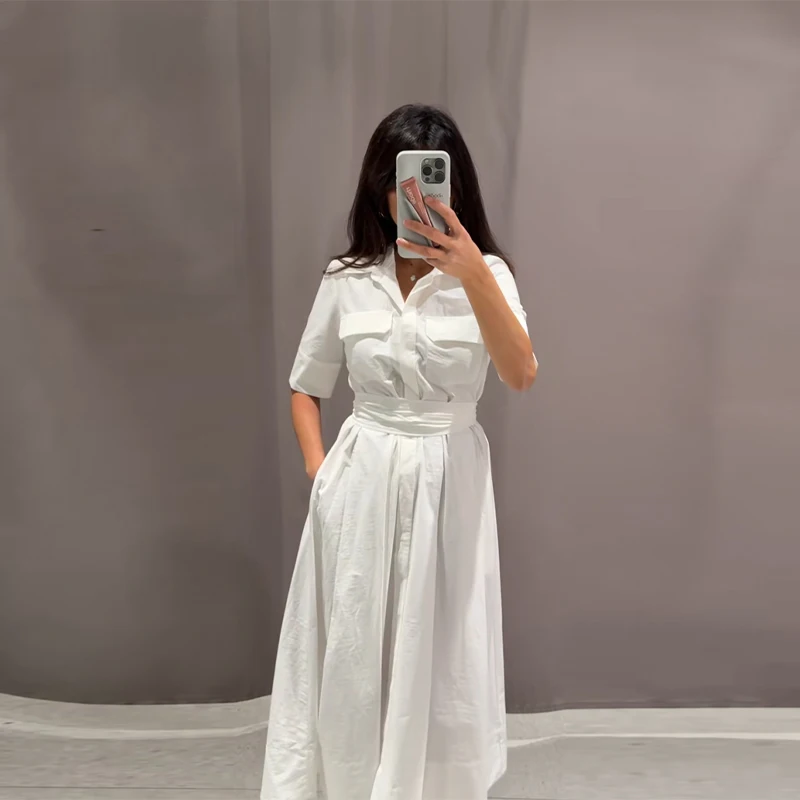 Casual gestreepte lange damesjurk Flip-over taillebandstijl enkele rij knopen jurken 2025, zomermode kantoordame-outfit