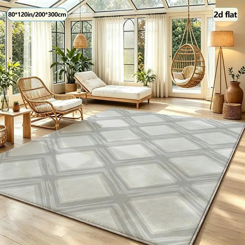 Light Grey Hand‑Drawn Rhombus Lattice Carpet Flooring Minimalist Square Area Rug Anti‑Slip Stylish Floor Rug for Bedroom Office Decor