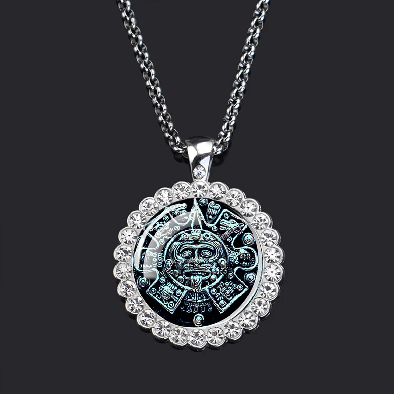 Aztec Calendar Pattern Pendant Necklace Ancient Mexico Art Rhinestones Glass Necklace Mayan Jewelry