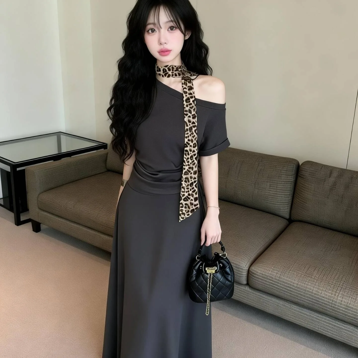 

Fashionable Summer Design Slimming Top Elastic Waist Side Shoulder Half Skirt with Sash Three Piece Set for Women Short Sleeve