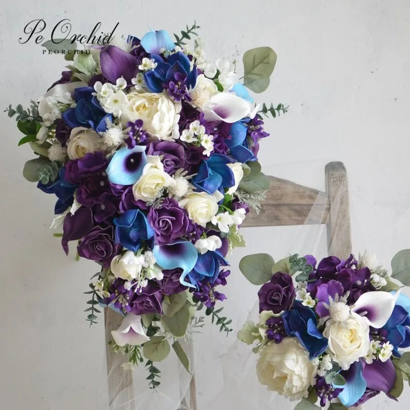 

PEORCHID Blue Purple Wedding Toss Bouquet Faux Flowers Peonies Calla Lily Turquoise Cascading Bridal Bouquets For Bridesmaid