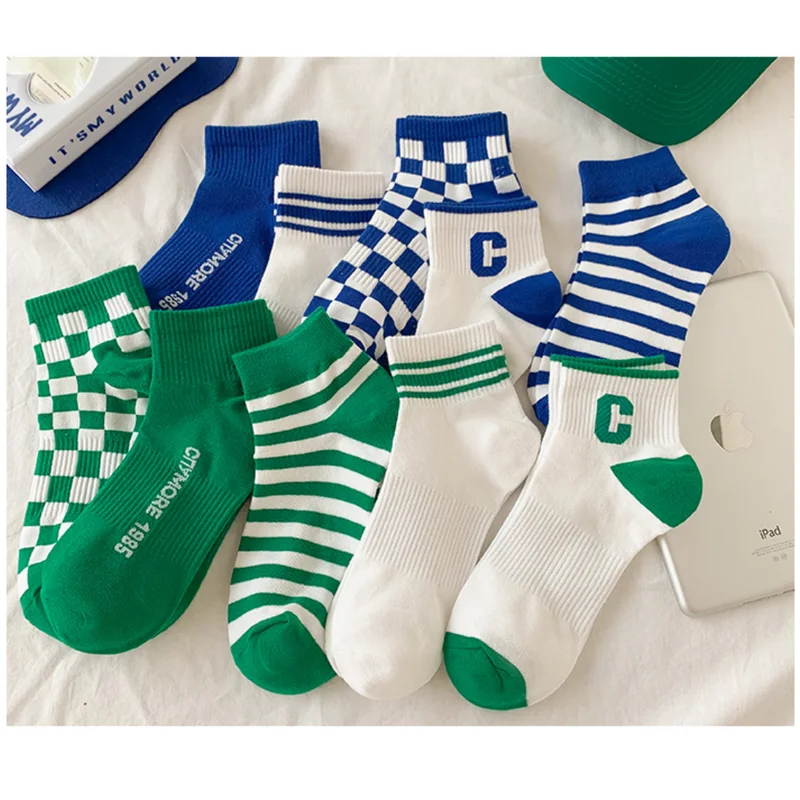 Women Classic Striped Letter Print Sporty Socks Girls Cute Harajuku Socks Casual Female Cool Skateboard  Chessboard Cotton Socks